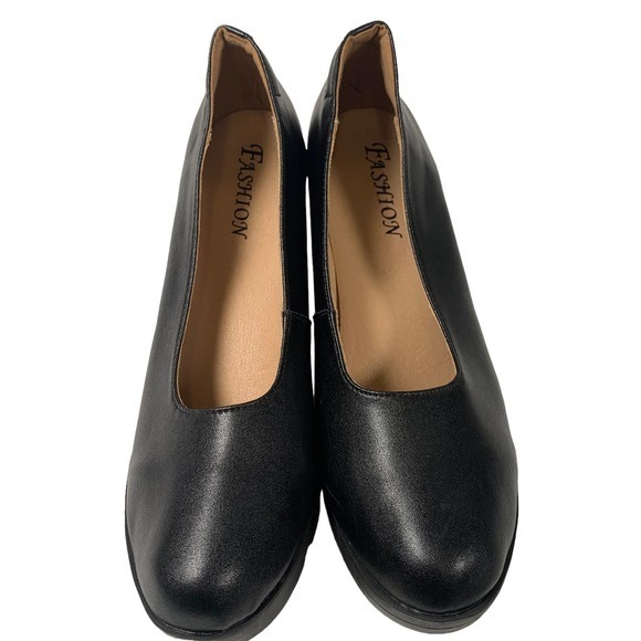 KKdom Womens Classic Leather Chunky Mid-heel Round Toe Heel Sz 9.5 - Picture 4 of 4